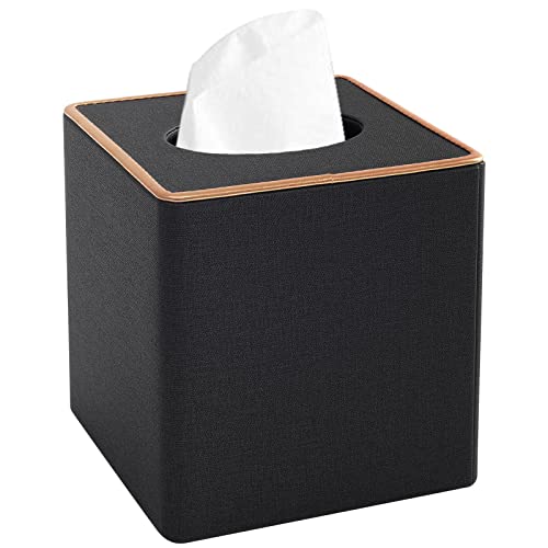 Tissue Box Cover Square Tissue Box Holder PU Leather Facial Organizer with Magnetic Bottom,Decorative Napkin Caddy for Vanity Dresser Night Stand Table Countertop Home Office Car,Black - color: Linen Texture Black
