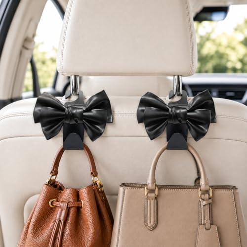 2 Pack Car Purse Holder for Handbags and Bags, Headrest Back Seat Hooks for Cars, Car Bag Hanger for Groceries, Coats, Umbrellas and Daily Essentials, Bow-Shaped Car Interior Organizer (black) - color: black
