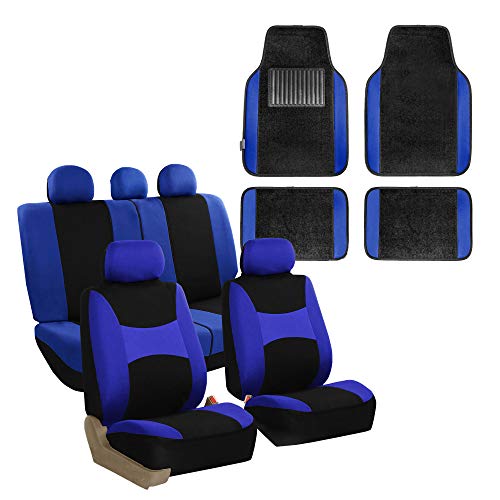 FH Group Light & Breezy Cloth Seat Full Car Seat Covers (Airbag & Split Ready) with Carpet Floor Mats- Universal Car, Truck, SUV, or Van (Blue/Black) FB030115 - color: Blue