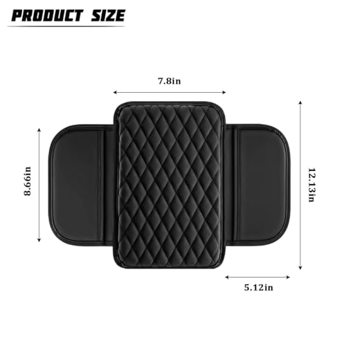 Car Armrest Cushion Pad, Leather Vehicle Center Console Cover with 2 Storage Bags, Non-Slip Automotive Interior Arm Rest Seat Box Cover Accessories, Universal for SUV RV Sedan (Black)