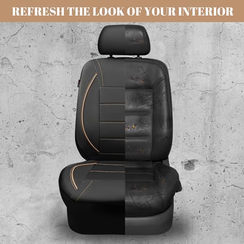 CAR PASS Universal FIT Piping Leather Two Front Seat Covers, Waterproof Faux Leather for SUV Sedan Van Truck, Airbag Compatible,Reserved Opening Holes for Headrest Covers. (Black and Beige) - color: Black Beige