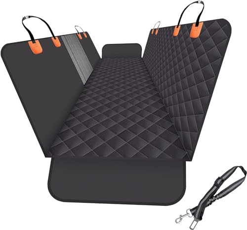 GXT Dog Back Seat Cover Protector for Cars SUV and Trucks with Mesh Window, Scratchproof Nonslip and Waterproof Material - color: Black/Orange, style: Seat Cover and Dog Seat Belt