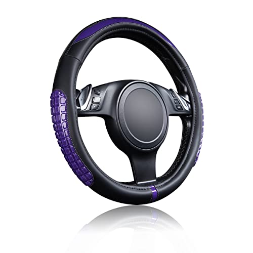 Flying Banner car Steering Wheel Cover Gel Massage Velvet Cool Warm Universal Size 15 inches SUV Truck Anti Slip Odorless Summer Winter (Black Purple, Gel Massage) - color: Black Purple