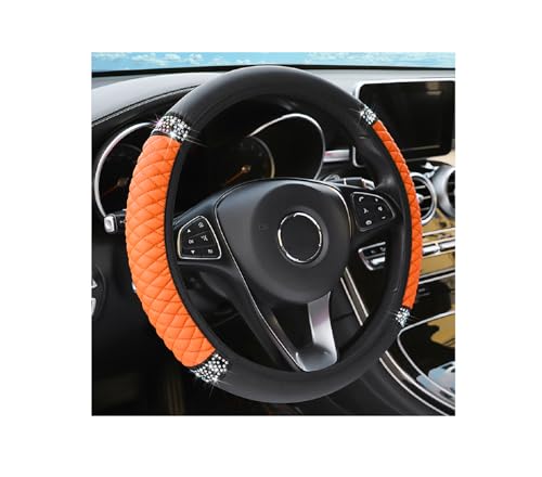 Leather Car Steering Wheel Cover, 15 Inch Colorful Rhinestones Elastic Auto Steering Wheel Protector, Bling Steering Wheel Cover for Women Men, Car Accessories for Cars, Vehicles, SUVs (Orange) - color: Orange
