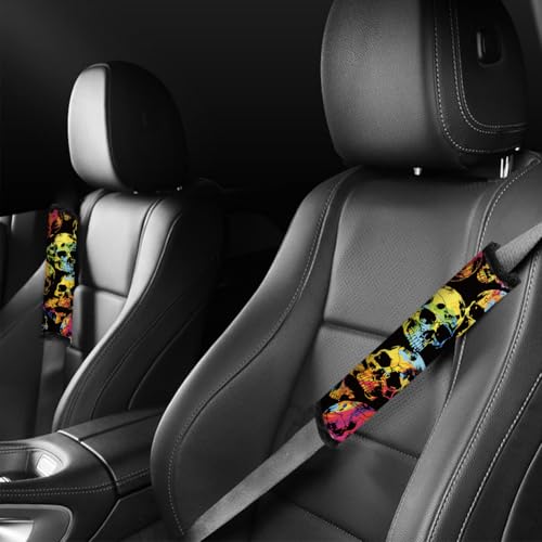 2Pcs Soft Auto Seat Belt Cover Pad Graffiti Skull Halloween Colorful Car Seatbelt Shoulder Cushion for Comfortable Driving, Compatible with All Cars' Seatbelt and Backpack Straps - color: Skull