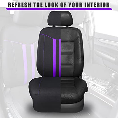CAR-GRAND Piping Cloth Car Seat Covers Full Set, Breathable Universal Car Seat Cover, Airbag Compatible Seat Cover for Cars Trucks SUV Van Sedan (Black-Purple Strips) - color: Black-Purple