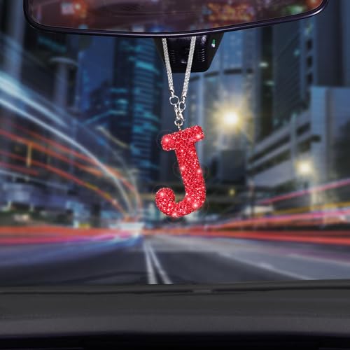 TobeQueen Car Rear View Mirror Ornament Hanging Lucky Crystal Pendant Red Bling Car Accessories for Women Rhinestone Charm Auto Decoration (Red,J) - color: Red-j