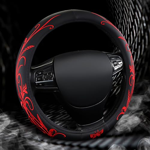 Car Leather Steering Wheel Cover - Panapi Material, Universal 14.5-15 Inch Leather Anti-Slip Breathable Auto Steering Wheel Covers for Men Women (Embroidery-Red) - color: Embroidery-Red