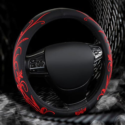 Car Leather Steering Wheel Cover - Panapi Material, Universal 14.5-15 Inch Leather Anti-Slip Breathable Auto Steering Wheel Covers for Men Women (Embroidery-Red) - color: Embroidery-Red