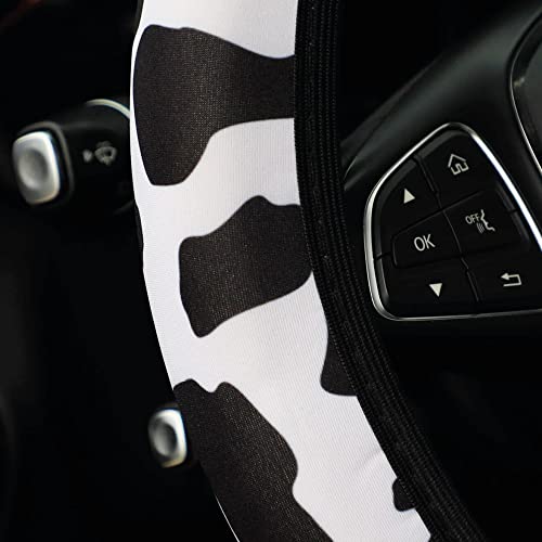 4 Pieces Cow Print Steering Wheel Cover Set with 2PCS Car Cup Coasters & Quarter Keyring, Universal 14.5-15 inches, Fashion Non-Slip Cow Print Steering Wheel Cover - color: Cow Print