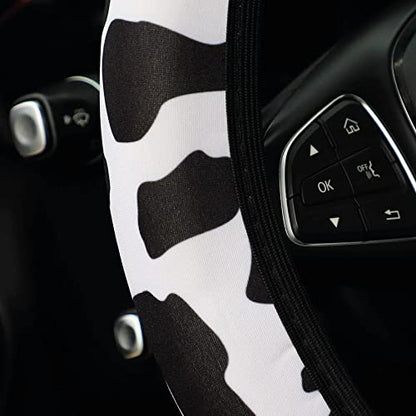 4 Pieces Cow Print Steering Wheel Cover Set with 2PCS Car Cup Coasters & Quarter Keyring, Universal 14.5-15 inches, Fashion Non-Slip Cow Print Steering Wheel Cover - color: Cow Print