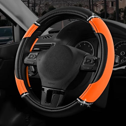 Road Comforts Leather Steering Wheel Cover - Made with PVC Leather - Anti-Slip, Universal Fit 14 1/2 inches to 15 inches - Orange - color: Orange