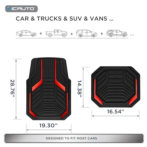 PIC AUTO Heavy Duty Rubber Floor Mats, Red Aluminum Film Car Mats Set, Front and Rear Car Mats with Anti-Slip Backing, All Weather Protection, Trim-to-Fit for Automotive SUV, Sedan, Van - color: Red