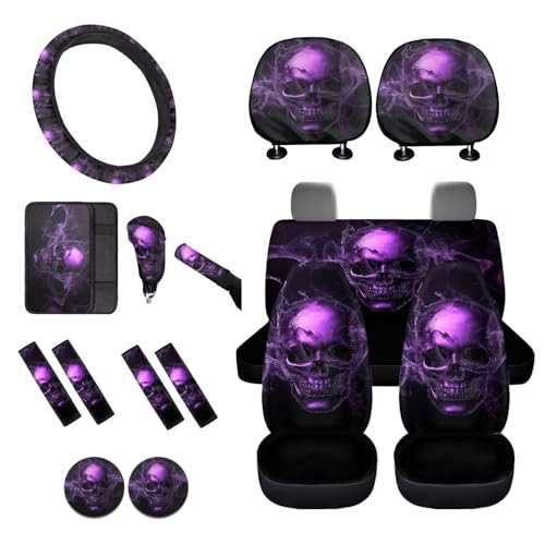 16 Pcs Car Seat Cover Full Sets, Skull Printed Soft Car Front Rear Seat Covers with Steering Wheel Cover Center Console Covers Seatbelt Pads Head Rest Protector Car Coaster, Universal Fits - color: Black and Purple - Skull