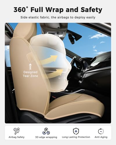 Huidasource Seat Covers Full Set, Universal Fit for Most Cars SUVs Trucks, Full Coverage Leather Automotive Seat Cover, Airbag, Cupholder Compatible, Seat Function Retain, Velcro Adjustable, Beige - color: FS: Beige, size: Full Set