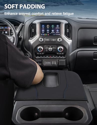 Center Console Armrest Cover for Chevy Silverado 1500 Accessories & GMC Sierra 2019-2026, Yukon & Tahoe & Suburban 2021-2026, Bucket Seat, PU Leather Middle Console Lid Cover Pad, Black-Blue Stitch - color: Black blue