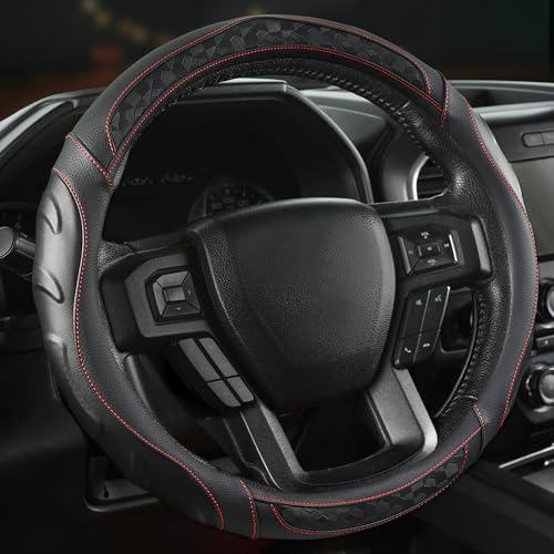 Black Seal Custom-Fit Steering Wheel Cover for Ford F-150, F-250, F-350, Expedition, 15.5–16", Anti-Slip PU Leather (Black+Red Line) - color: Black+Red Line