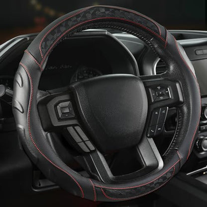 Black Seal Custom-Fit Steering Wheel Cover for Ford F-150, F-250, F-350, Expedition, 15.5–16", Anti-Slip PU Leather (Black+Red Line) - color: Black+Red Line