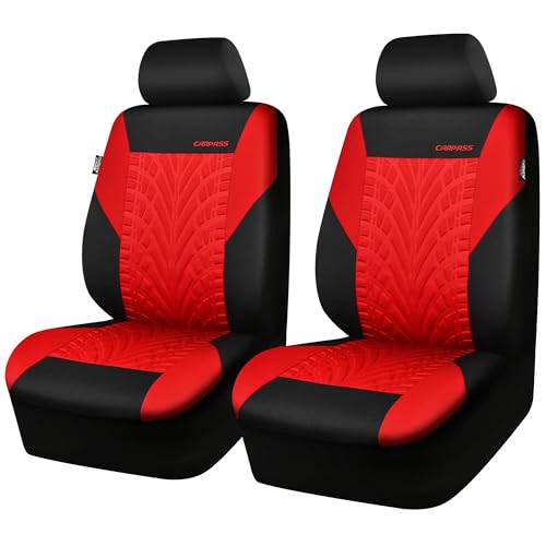 CAR PASS Car Seat Covers Two Front Only for Car, 3D Tyre Print Automotive Interior Covers, Airbag Compatible, Quick Setup Universal Fit Seat Covers for Car, Truck, SUV(Black Red) - color: Red Black, size: Two Front