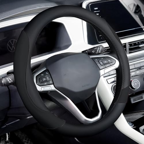 Coverado Car Steering Wheel Cover, Nappa Leather Black Steering Wheel Covers for Women, Universal 14-15 inch, Anti-Slip, Breathable Steering Wheel Protector - color: B-Black&Black