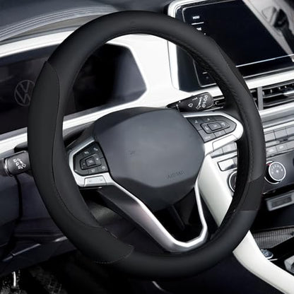 Coverado Car Steering Wheel Cover, Nappa Leather Black Steering Wheel Covers for Women, Universal 14-15 inch, Anti-Slip, Breathable Steering Wheel Protector - color: B-Black&Black