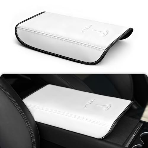 Center Console Armrest Cover for Tesla Model Y 2020-2026 / Model 3 2019-2025, Soft Embossed Armrest Protector Armrest Box Cushion Non-Slip Leather with Logo, White Accessories for Tesla - color: White
