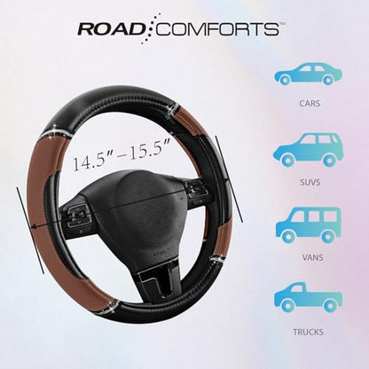 Road Comforts Leather Steering Wheel Cover - Made with PVC Leather - Anti-Slip Steering Wheel Cover Universal Fit Most 14 1/2 inches to 15 inches - Brown Color - color: Brown
