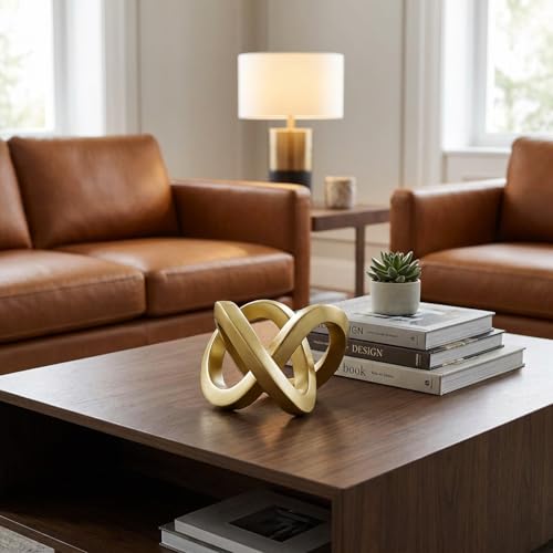 Gold Geometric Knot Sculpture - Small Resin Infinity Loop Statue, Modern Tabletop Art Object for Coffee Table, Bookshelf, Desk Decor & Home Accents