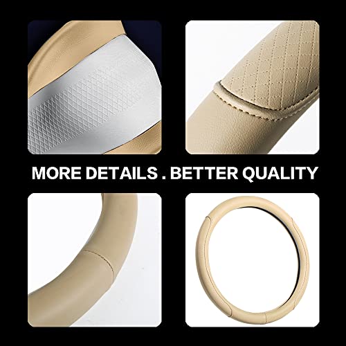 Microfiber Leather Steering Wheel Cover with Classic Embossing, Anti-Slip Breathable Auto Car Wheel Protector, Fit 15 Inch (Beige) - color: Beige