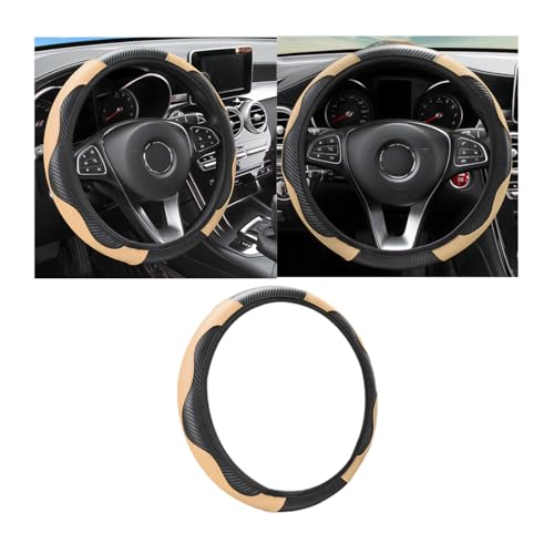 Osilly Car Steering Wheel Cover, 15 inch Carbon Fiber Microfiber PU Leather Elastic Steering Wheel Protector for Men Women, Anti-Slip Breathable Car Interior Accessories for Most Cars (Black/Beige) - color: Black/Beige