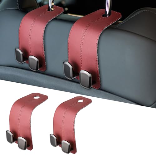 2PCS Car Seat Headrest Hooks, Leather Purse Hook for Cars, Auto Purse Hanger Holder for Grocery Bag Handbag Coat Umbrella, Headrest Storage Organizer Car Accessories (Red, Double Hooks) - color: Red, size: Double Hooks