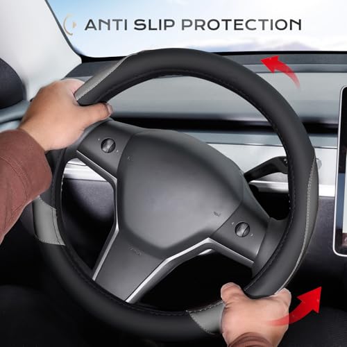 Coverado Car Steering Wheel Cover, Nappa Leather Black & Gray Steering Wheel Covers, Universal 14-15 inch, Anti-Slip, Breathable Steering Wheel Protector for Women Men - color: B-BlackGray