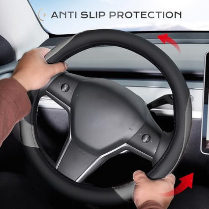 Coverado Car Steering Wheel Cover, Nappa Leather Black & Gray Steering Wheel Covers, Universal 14-15 inch, Anti-Slip, Breathable Steering Wheel Protector for Women Men - color: B-BlackGray
