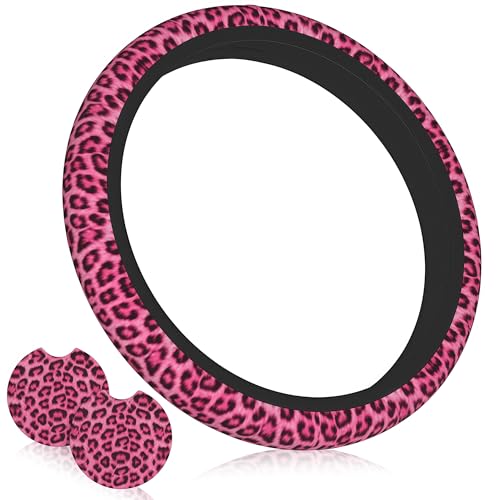 Leopard Print Pink Steering Wheel Cover Universal for 14-15 Inch Anti-Slip Breathable +2 Pieces Car Coasters, Cheetah Print hot Pink Car Wheel Cover for Women Men - color: Leopard pint
