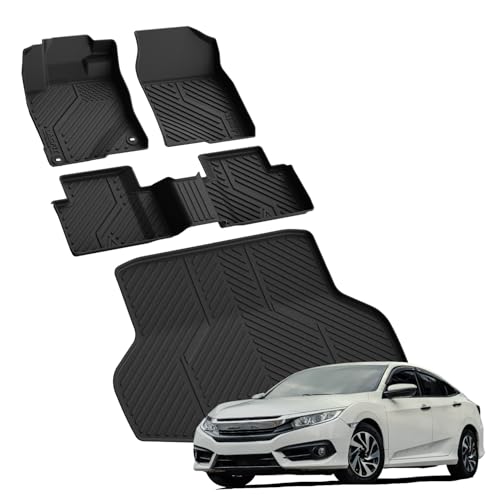 LASFIT Floor Mats & Trunk Mat for Honda Civic Sedan 2016-2021, All Weather TPE Custom Fit Floor Liners for 2016 2017 2018 2019 2020 2021, 1st & 2nd Row & Cargo Mat, Black (Not for Hatchback/Coupe) - style: 1）For Honda Civic | 2016-2021 | Full Set
