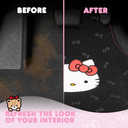 Hello Kitty Carpet Car Floor Mats - Universal Fit for Cars, SUVs & Trucks - Black with Red Bow & Hello Kitty Print - Front & Rear Set, 4 Piece Car Accessories