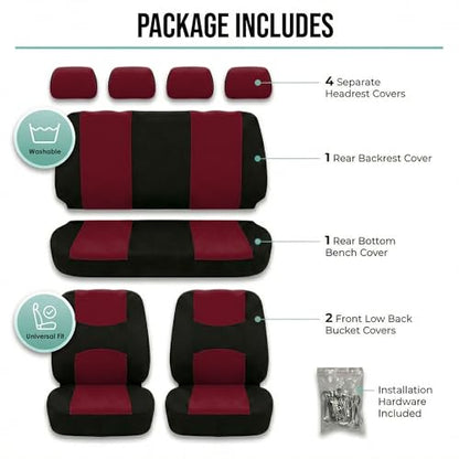 FH Group Bright Flat Cloth Full Set Car Seat Covers, Burgundy/Black- Fit Most Car, Truck, SUV, or Van - color: Burgundy