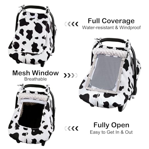 FIOBEE Baby Car Seat Cover, Car Seat Covers for Babies Infant Car Seat Canopy with Breathable Mesh Window Waterproof Carseat Cover for Babies Boy Girl 4 Seasons, White/Cow