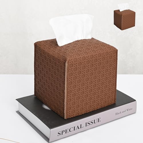 HOMOTEK 2 Pack Tissue Box Cover, Square PU Leather Tissue Holder, Decorative Facial Tissue Cube Paper Organizer Dispenser for Bathroom, Night Stands, Desk, Car 5X5X5'' - Rattan Weave,Chocolate - color: Chocolate, size: Rattan Weave