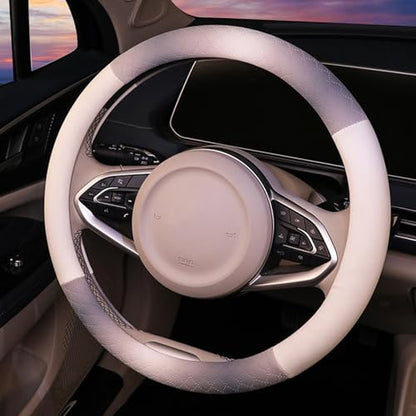 Steering Wheel Cover, Gray White Leather Steering Wheel Cover 14.5-15 Inch Non-Slip Breathable Microfiber Car Steering Wheel Covers for Men Women - color: Gray White