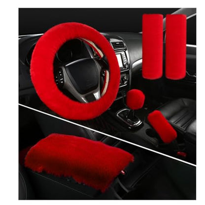 Ohleats 6 PCS Fluffy Steering Wheel Covers Set, 15'' Furry Car Wheel Cover, Soft Gear Shift & Handbrake Cover, Center Console & Seat Belt Shoulder Pads for Women, Car Accessories (Red) - color: Red