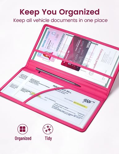 Yarnic Car Registration and Insurance Holder, Car Document Holder with Magnetic Closure, Registration and Insurance Card Holder Car Organizer Glove Box Compartment Organizer for Men Women (Hot Pink) - color: Hotpink