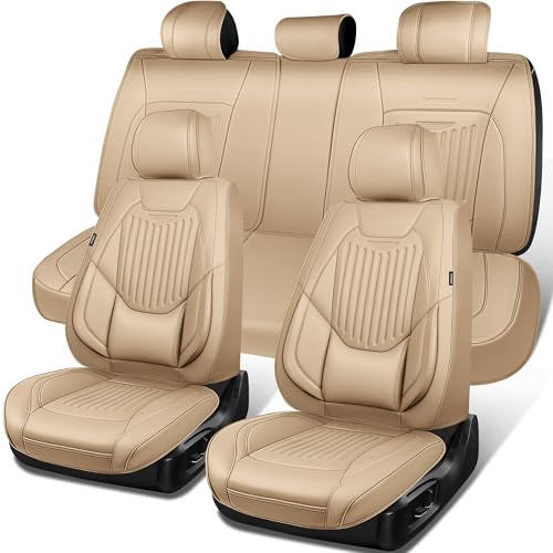 CAR PASS Luxury Nappa Leather Car Seat Covers Full Set, Lumbar Support Seat Covers for Car 5 Seats, Waterproof Car Seat Protector, Automotive Seat Covers Universal Fit for Most Sedans SUV Trucks Beige - color: beige