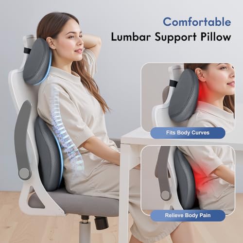 Lumbar Support Pillow and Neck Pillow for Office Chair Car, Ergonomic Memory Foam Back Support for Office Gaming Chair Driving Seat Wheelchair, Relieves Neck, Back & Sciatica Pain – Grey - color: Gray, size: Lumbar&Headrest Pillow