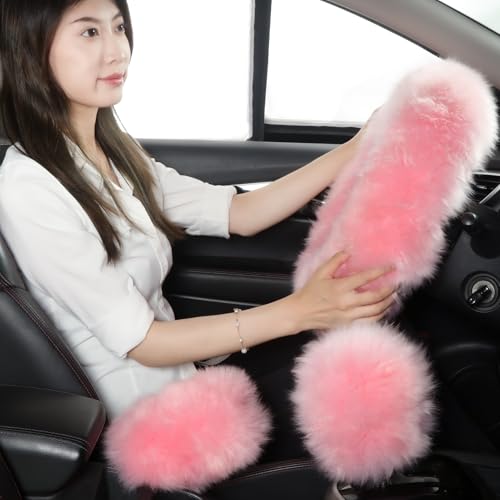 Fuzzy Genuine Sheepskin Steering Wheel Cover Set for Women Parents-Fluffy Soft Australian Merino Wool Fur Wrap with Gear Shift and Hand Brake Covers, Cozy Stylish Luxury Girl Car Accessories (Pink) - color: Pink