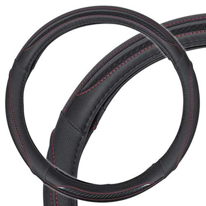 BDK UltraSport Steering Wheel Cover - Perforated Microfiber Leather with Carbon Fiber Detail & Contrast Stitching Black w/Red Stitching