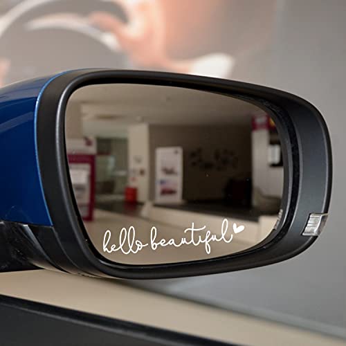 3 x Hello Beautiful Car Mirror Decal, Affirmation Sticker, Rearview Mirror Decal, Tumbler Sticker, Water Bottle Stickers, Vinyl Tumbler Decal, New Car Decor, 4 inches (White, Hello Beautiful)