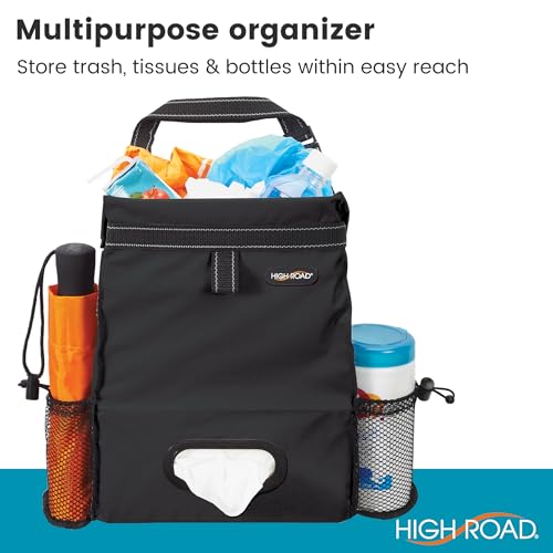 High Road Car Organizer with Car Trash Bag and Tissue Holder - Holds Full Size Tissue Box, Bottles and Wipe Containers - 2 Gal Leakproof Covered Car Trash Can with Push-Close Lid - color: Black
