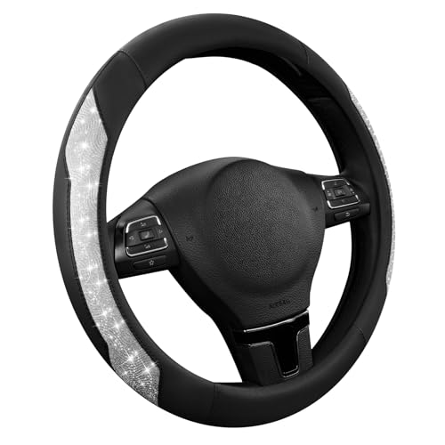 PIC AUTO Steering Wheel Cover, Silver Sparkly Crystal Bling Glitter with Leather, Universal Fit 14.5"-15.5" Car Steering Wheels for Girls & Women, Anti-Slip Wheels Cover for Cars, Trucks, Van, SUVs - color: Silver Glitter