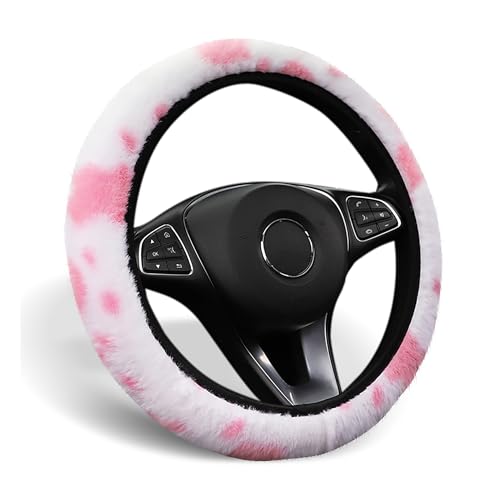 ALEMODR Pink Cow Print Plush Steering Wheel Cover Fluffy Winter Warm Universal 15 inch for Women Girls - color: Pink-white